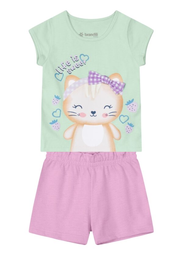 Conjunto Blusa e Shorts Verde Claro Gatinho - Image 2