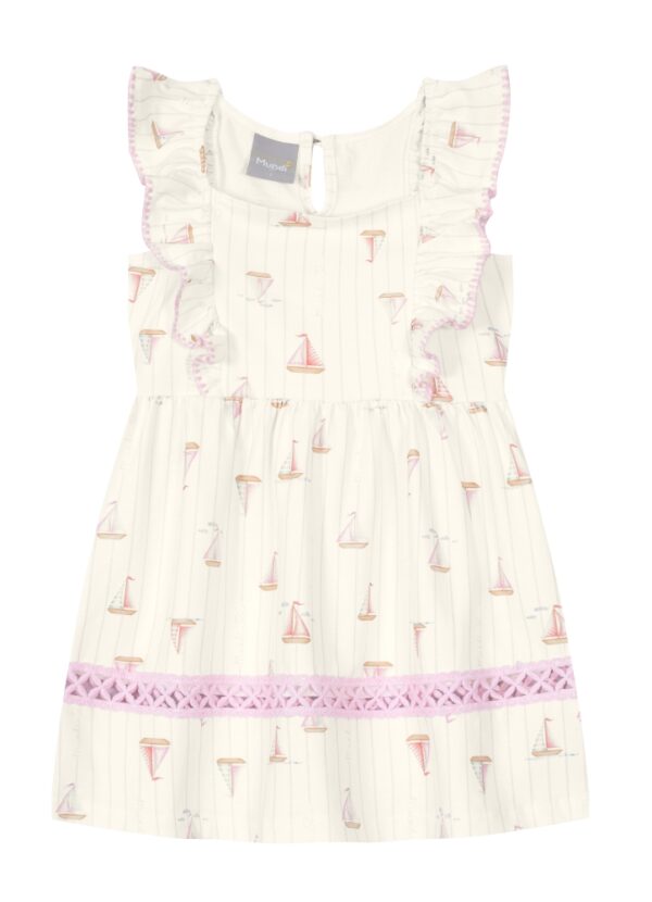 Vestido Infantil Off-White com Estampa de Barquinhos