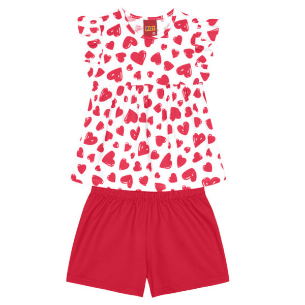 Conjunto Blusa e Shorts Branco Coração Vermelho