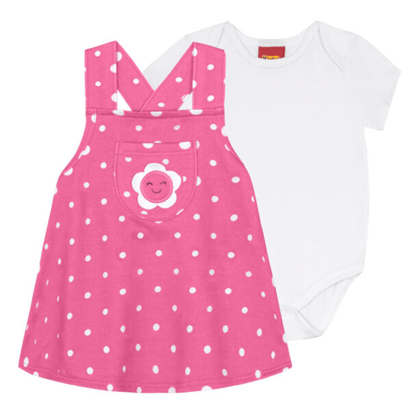 Conjunto Salopete Rosa e Branco Poá