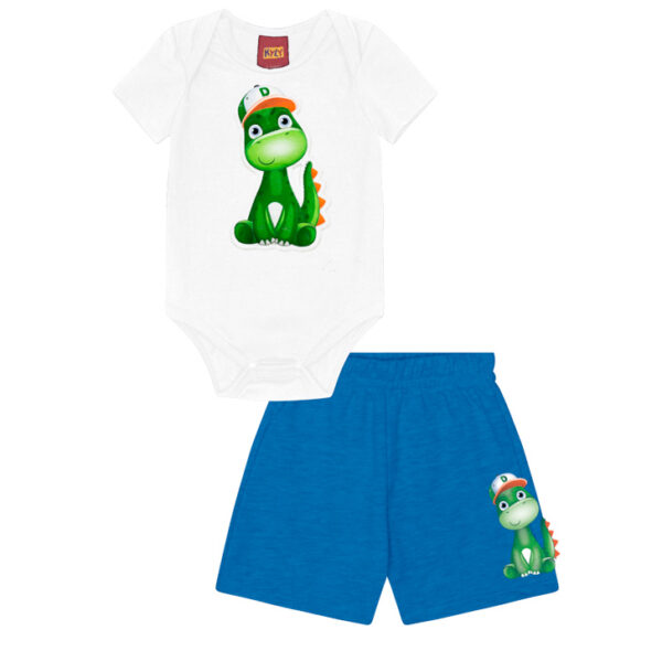 Conjunto Body e Bermuda Branco e Azul Dinossauro