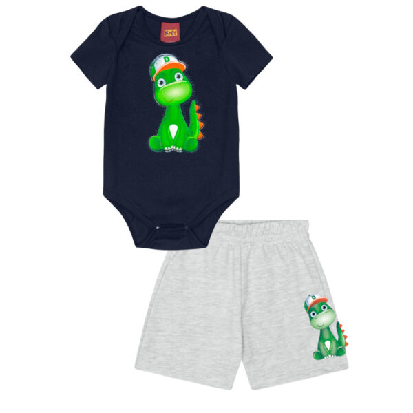 Conjunto Body e Bermuda Azul Marinho e Cinza Dinossauro