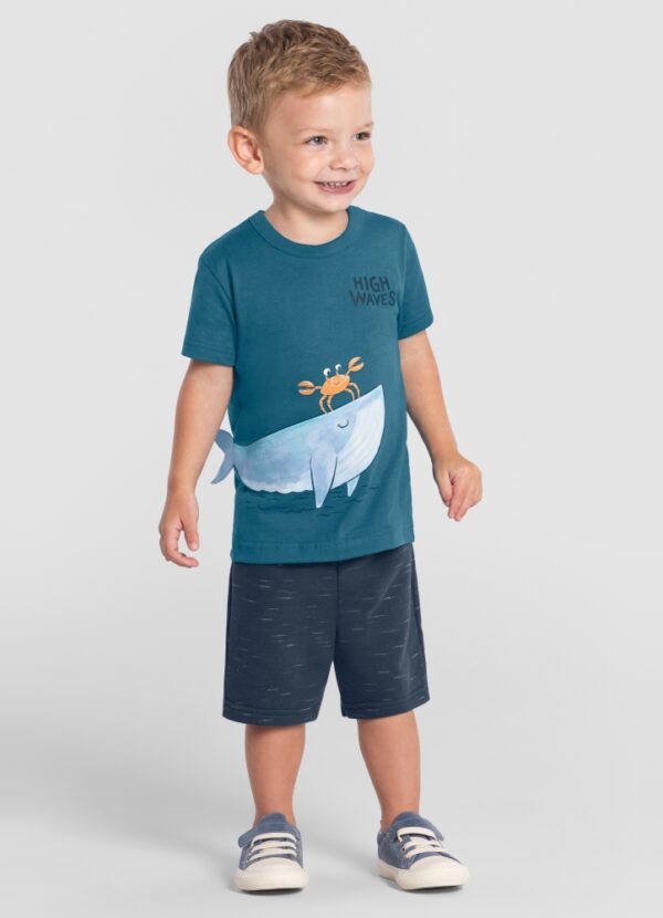 Conjunto Camiseta e Bermuda Azul e Preto Baleia e Caranguejo