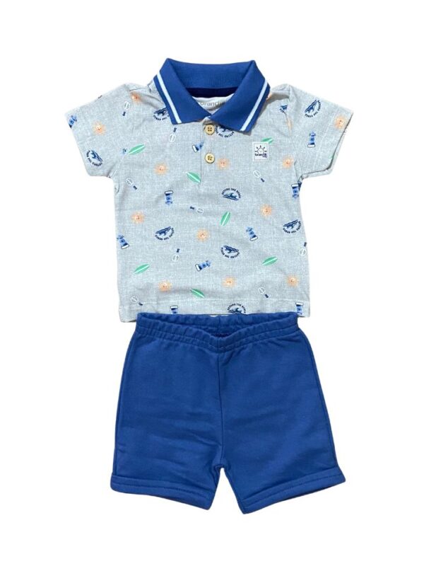 Conjunto Polo e Bermuda Azul e Cinza Praia